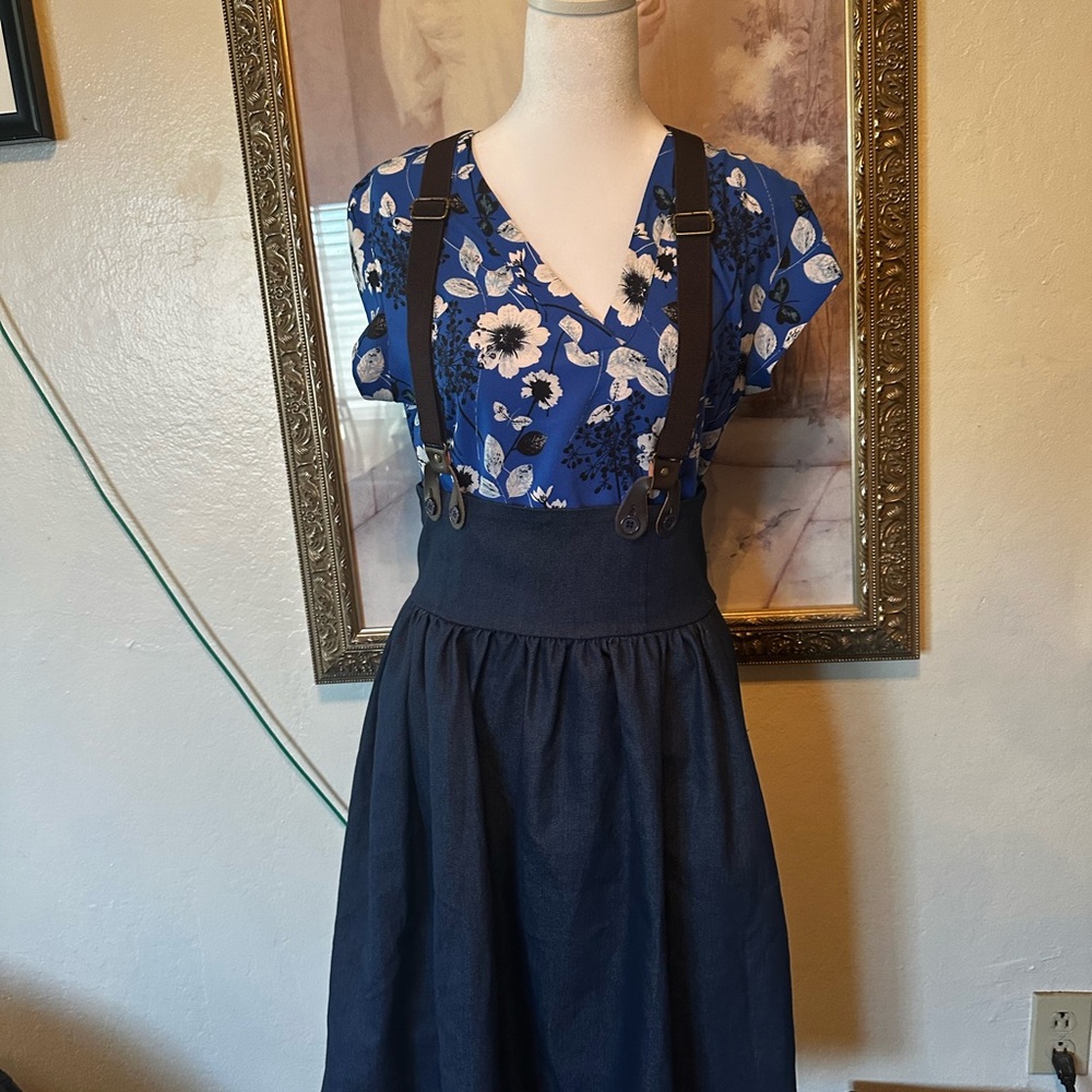 Unique Vintage Blue Floral Top with Navy Suspender Skirt